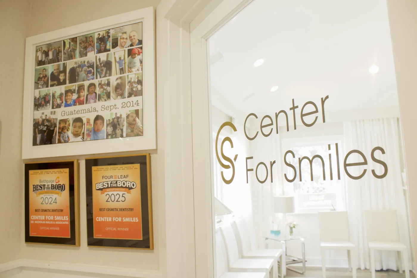 Center for Smiles Bayside office hallway with community photos and local awards